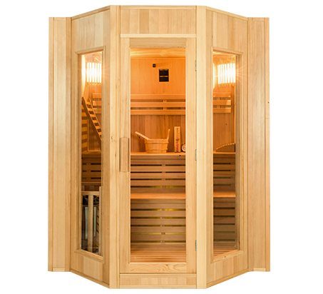 Traditionelle Sauna Zen aus hellem Holz, verglaste Eckkabine